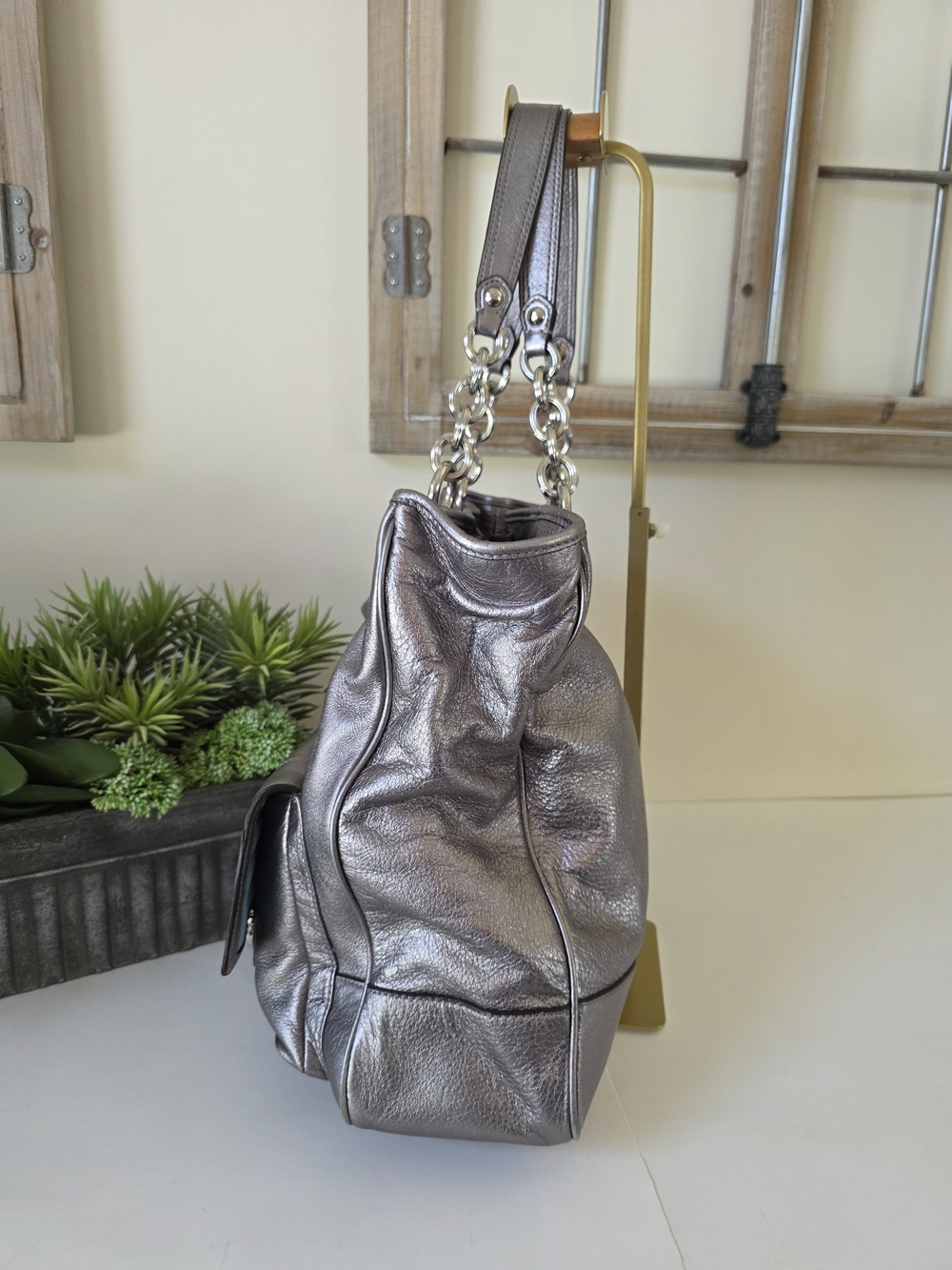 Coach Poppy Pushlock Metallic Leather Tote Y2K Silver Gray - Picture 8 of 16